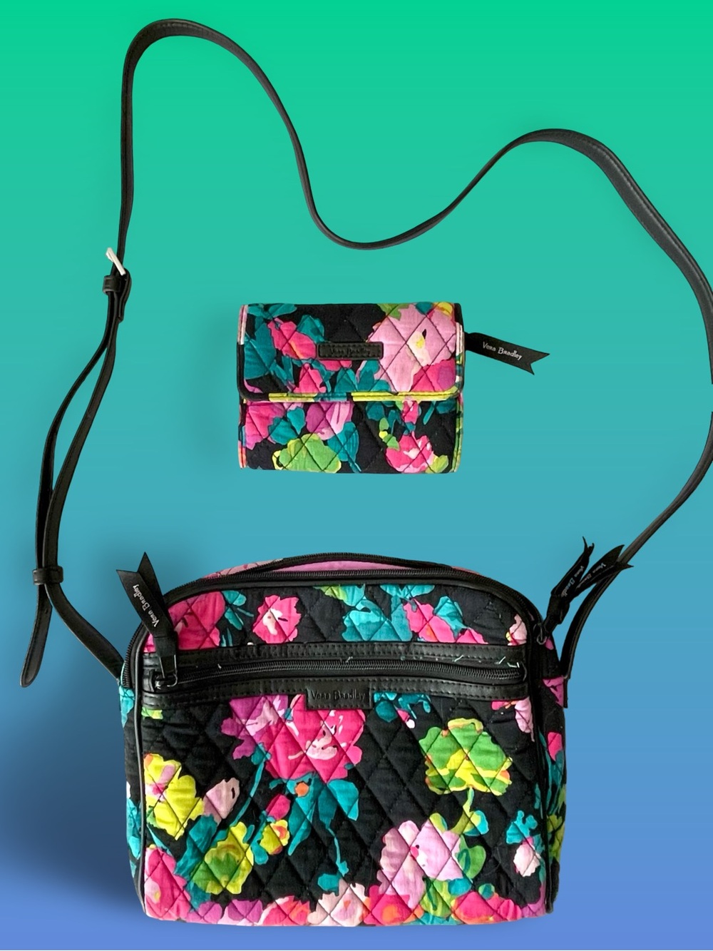 Vera Bradley Hilo Meadow Crossbody Shoulder Bag Floral Purse and Matching Wallet